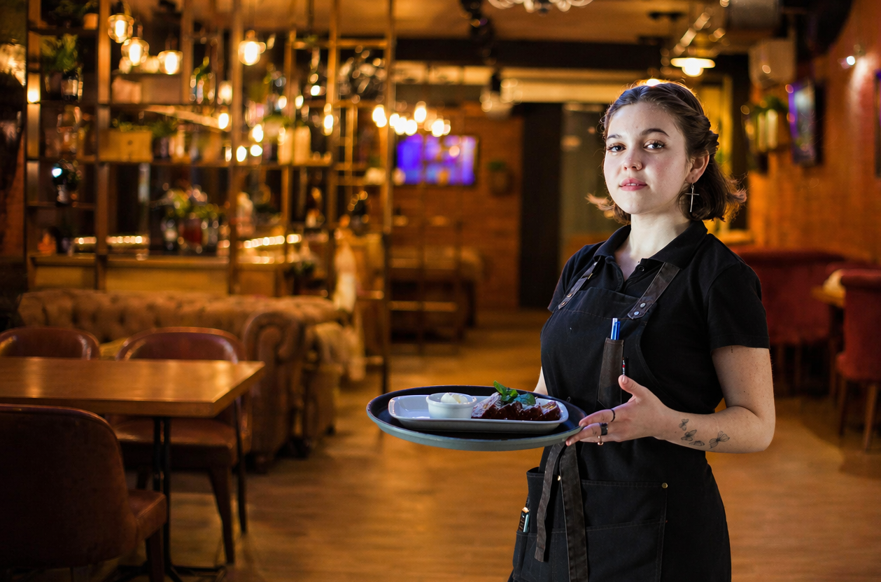 Professional waitress serving in an upscale restaurant